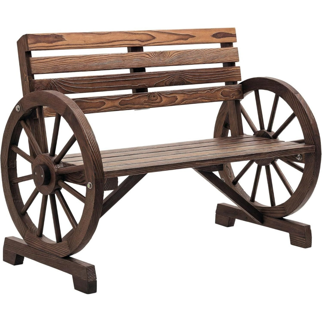 2-sitzer gartenbank wagenrad-design tannenholz braun gartenmoebel mit ruecken armlehnen verstaerkte boden parkbank bis 240kg holzbank fuer balkon garten terrasse 1055x56x79cm