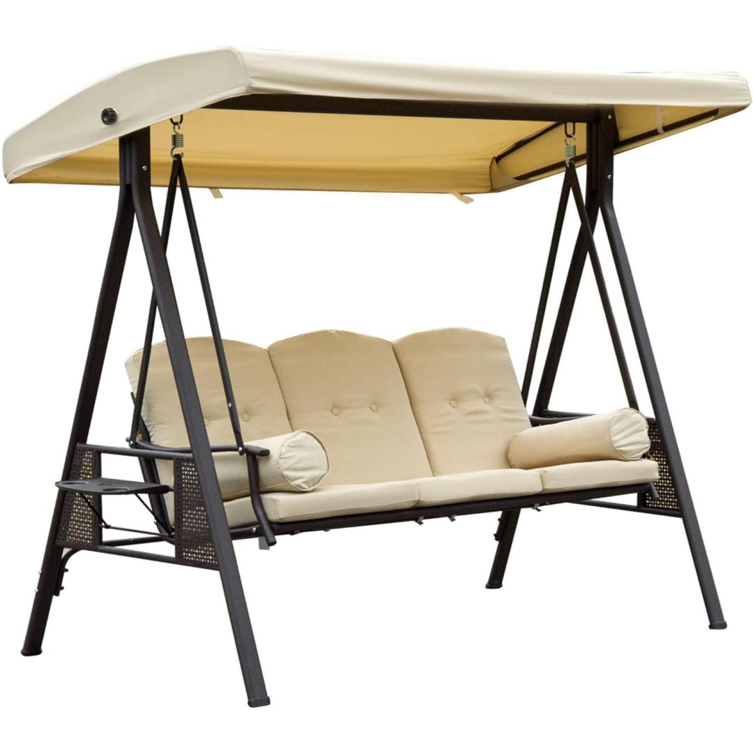 3-sitzer hollywoodschaukel kissen 121 x 208 x 172 cm beigebraun gartenschaukel sonnendach metall polyester