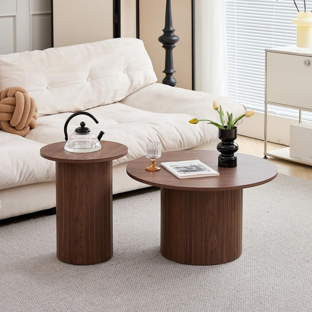runder couchtisch 2er set beistelltisch aus holz moderner kaffeetisch mit roemischer saeulenbasis fuer wohnzimmer balkon schlafzimmer braune holzmaserung