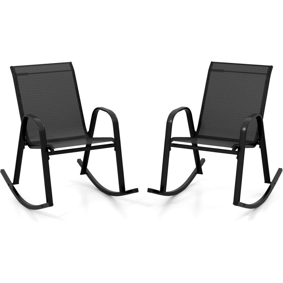 goplus schaukelstuhl 2er set gartenstuhl atmungsaktiv mit ergonomischer ruecklehne armlehne balkonstuhl bis zu 150kg verandaschaukelstuhl terassenstuhl fuer garten veranda pool schwarz