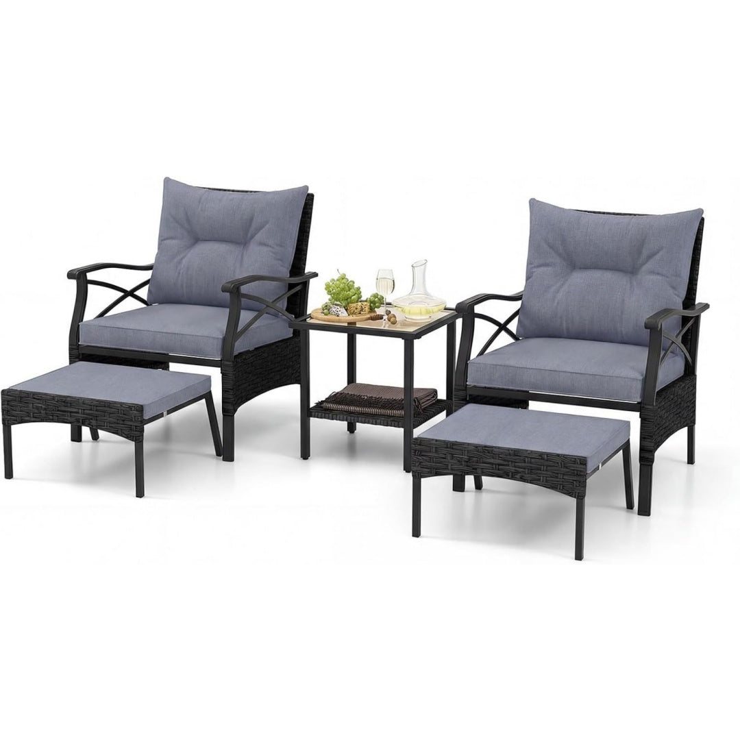 rattan gartenmoebel set 5-teiliges balkonmoebel balkonset inkl 2 stuehle mit kissen hocker tisch terrassenmoebel gartengarnitur sitzgruppe fuer garten balkon terrasse schwarz grau