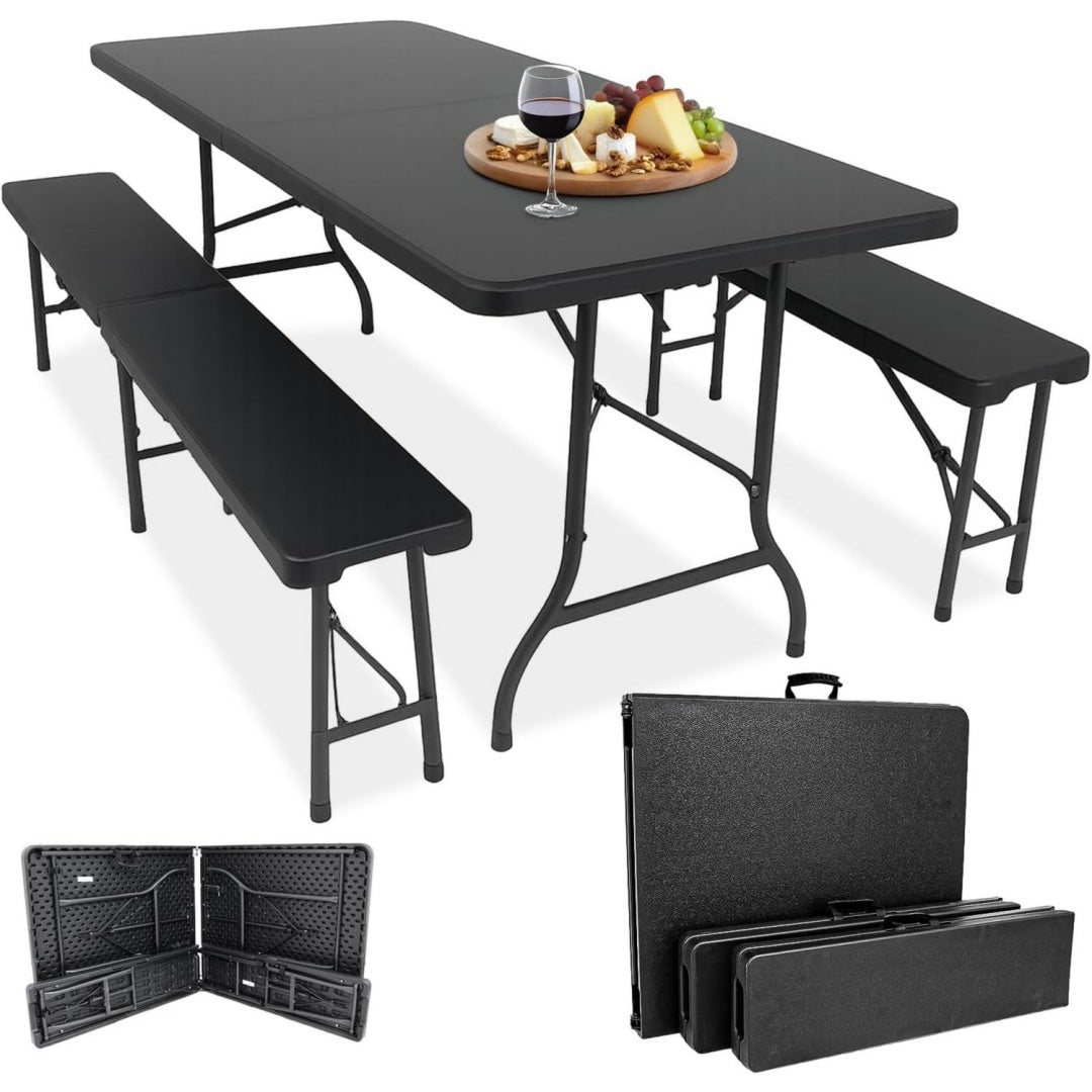 devillo bierzeltgarnitur klappbar 3teilig tisch 180x74x72 cm 2 baenke 180x25x43 cm campingtisch wetterfest pflegeleicht antirutsch mit tragegriffen fuer camping garten anthrazit