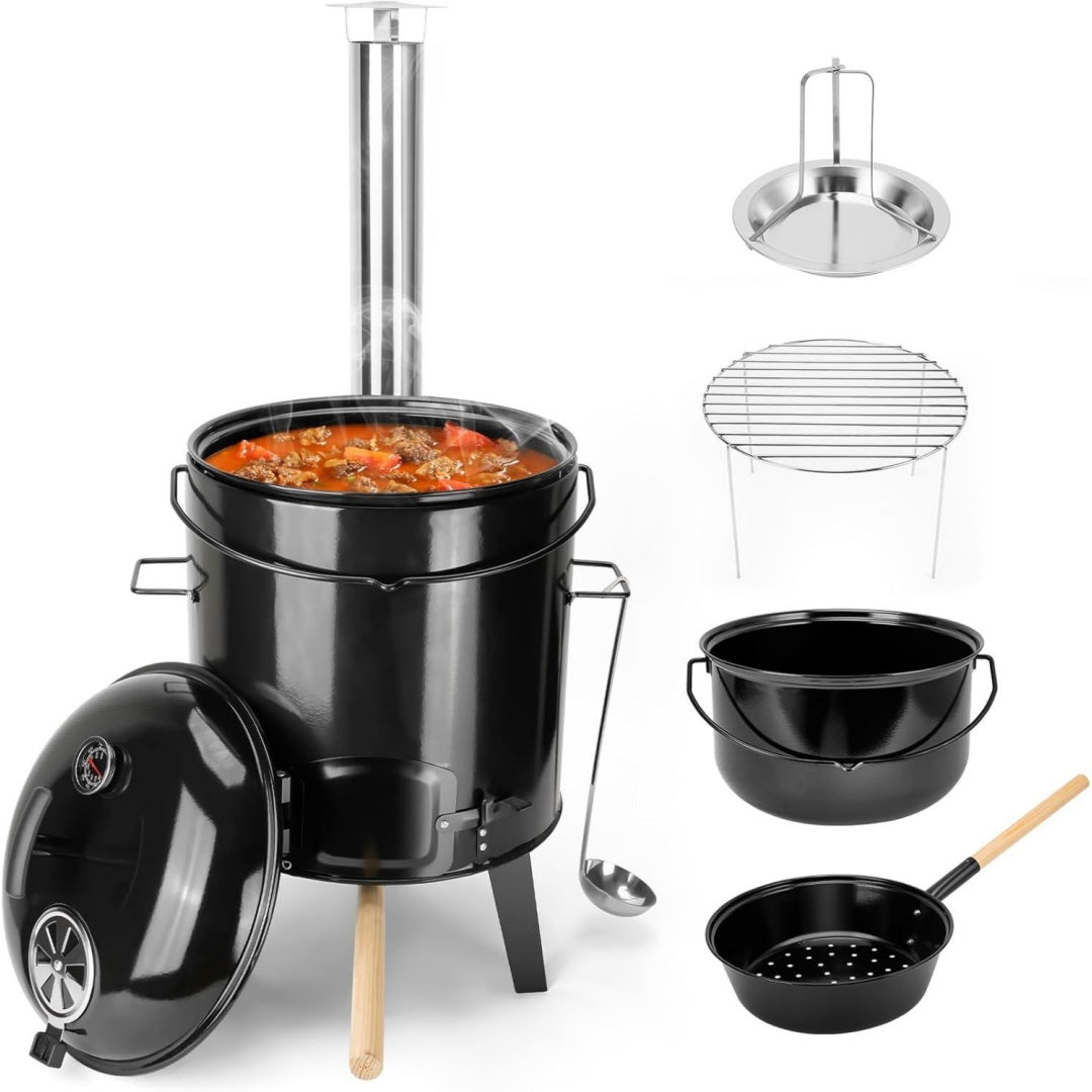 14l emailierter gulaschkessel outdoor gulaschkanone kesselgulasch mit haehnchenbraeter grillrost suppenkelle deckel thermometer multifunktionsgrill
