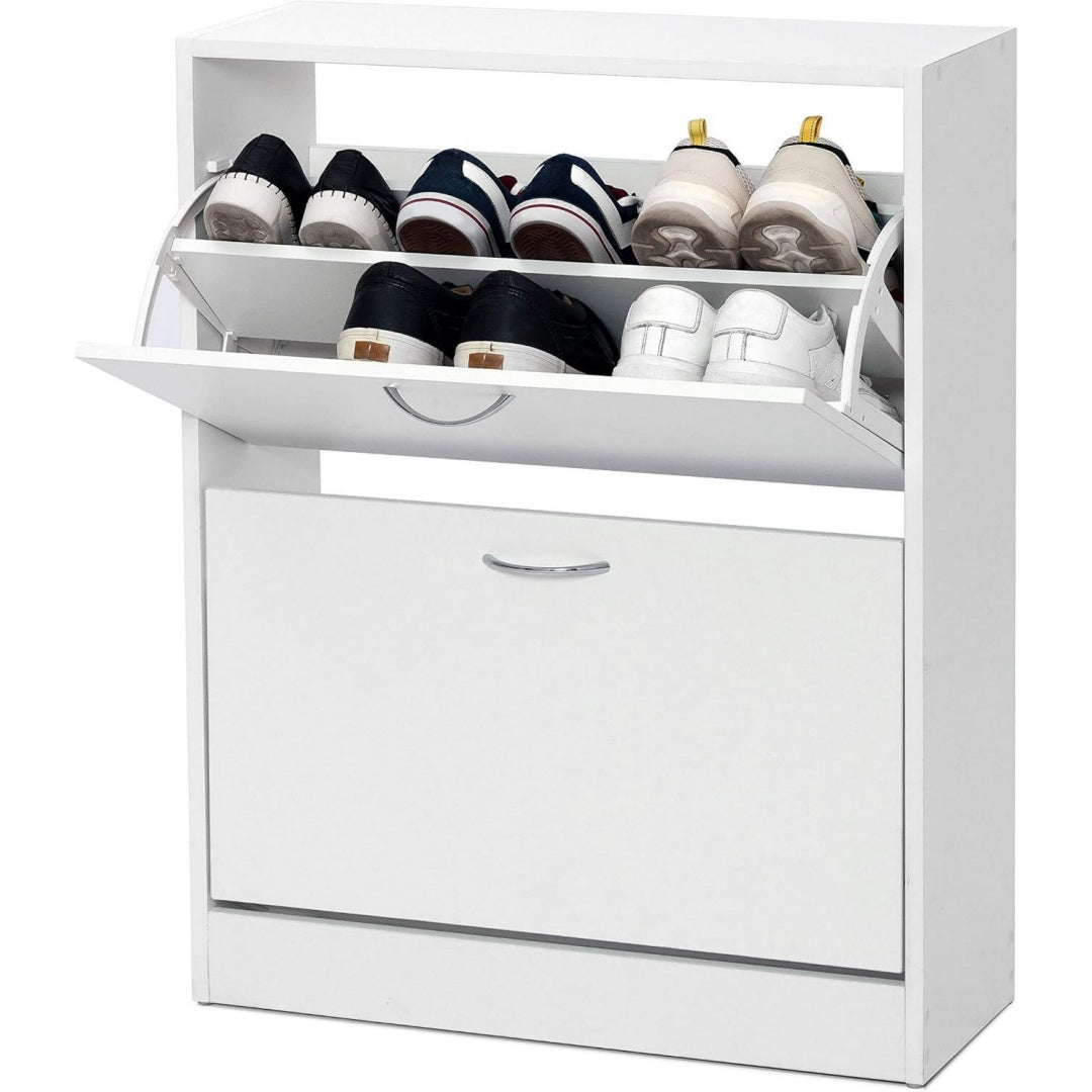 meerveil schuhschrank klappbar 2 tueren schmal weiss 63x24x81 cm platzsparend ideal hinter tueren 3 faecher je 2 boeden platz fuer 12-18 paar schuhe fuer flur und diele