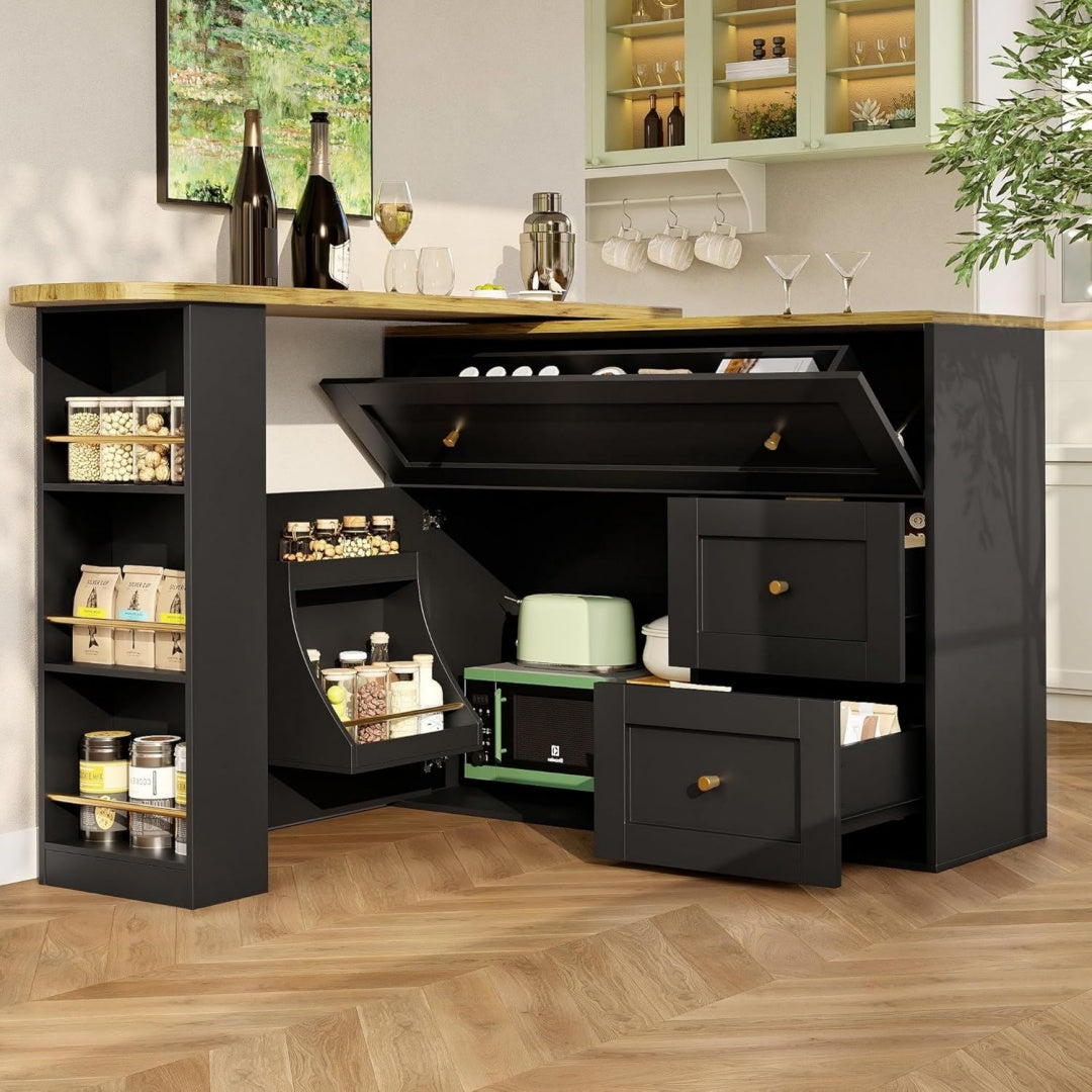 dolamani ausziehbarer bartisch mit stauraum 13820439105 cm kuecheninsel mit snackregal teleskopischer bartisch mit mit 360-klappbarer arbeitsplatte schwarz