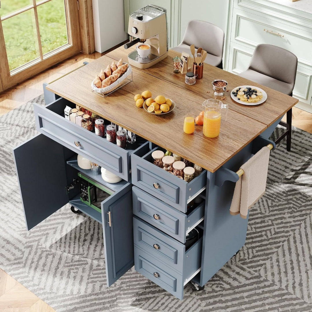 merax kuecheninsel mit klappbarer arbeitsplatte kuechenwagen mit stauraum schublade kuechenschrank als servierwagenbuffetschrank mobiler kuechentischblau1110x45-75x92cm