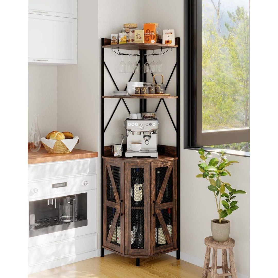 eckschrank mit steckdose und led-beleuchtung industrie weinbarschrank mit glashalter verstellbare regale metallgittertueren kippschutz 5-stoeckig kuechen bar aufbewahrung 46 x 46 x 180 cmbraun